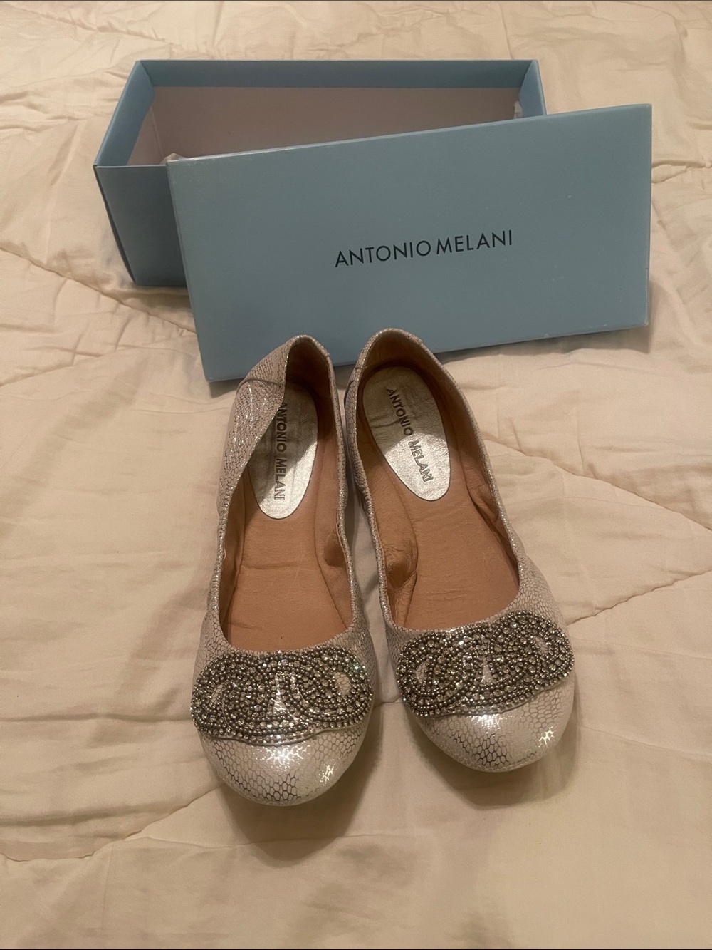ANTONIO MELANI Silver Crystal-Embellished Ballet Flats